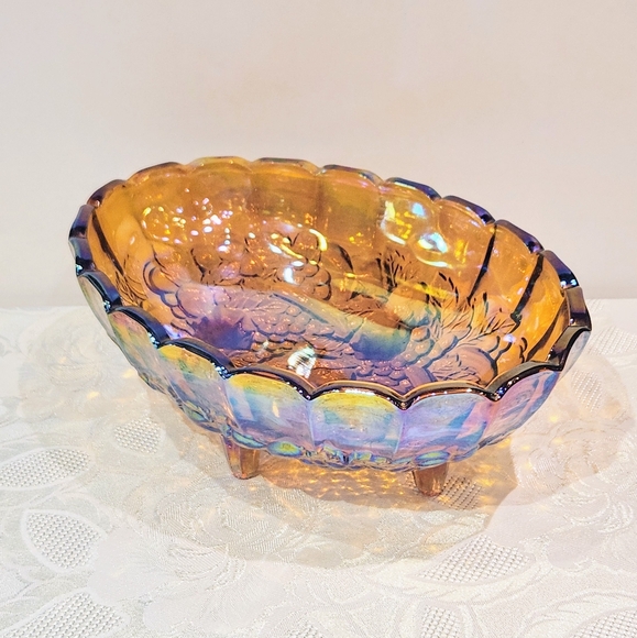 VTG Amber Iridescent, Footed Oval Indiana Carnival Glass, Harvest Fruit Bowl - Picture 3 of 9